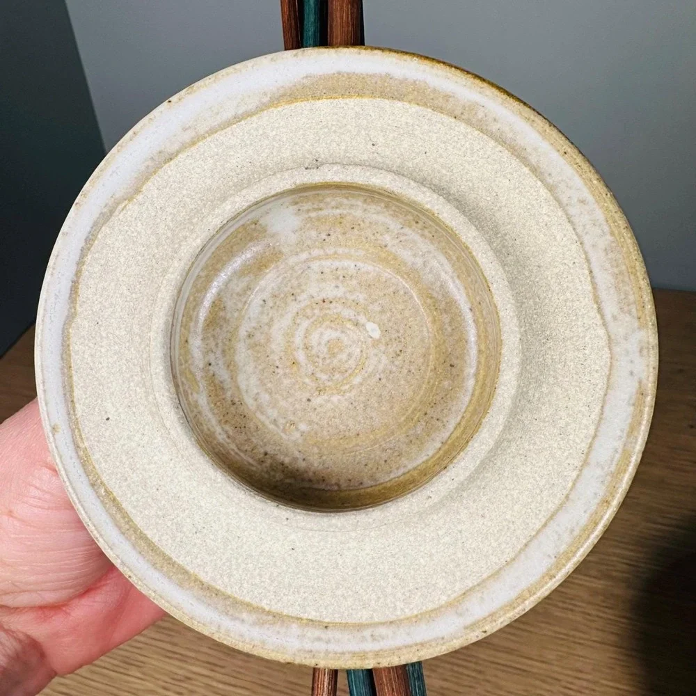 Signed Studio Art Pottery Lidded Centerpiece Bowl Palm Twig Handle Vintage 2005